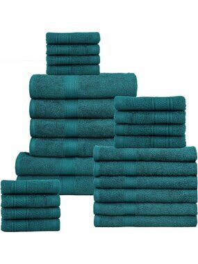 100% Cotton 24-Piece Bath Towel Set - Soft, Absorbent, Teal Bathroom Essentials